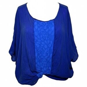 Language Shirt Women's Size XS Blue Silk Dolman Sleeves Lace Colorful Top